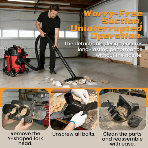 Man using a vacuum with Two Point Five Inch Shop Vac Y Connector Separator with Dual Blast Gates Hose Splitter for dust collection.