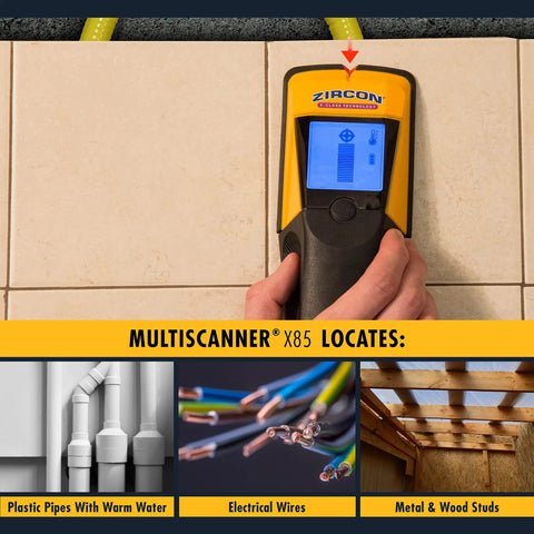 Slick X85 Center Finding Stud Finder With Ac Live Wire Detection And Thermal Wall Scanner detecting studs and wires on tiled wall.