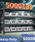 Extra Large Heavy Duty Metal Storage Shelves Built Like A Tank Adjustable Four Tier Garage Rack With Deep Shelves For Bulk Tools Equipment Warehouse Homeowners, displaying 5000 lbs capacity with bags.
