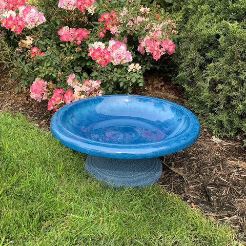 Fiber Clay Bird Bath With Gloss Azure Blue Bowl Grab And Go Low Profile Base 19 Inch Diameter in garden setting.