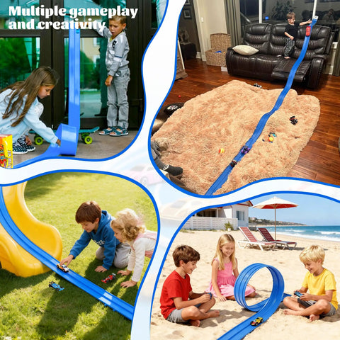 Children playing with Kid Friendly 19 Foot Portable Two Lane Race Car Track Starter Set With Wall Mount Suction Cups Magnets And Hooks Blue Compatible With One Sixty Fourth Scale Cars Great For Playrooms Windows And Smooth Surfaces indoors and outdoors.