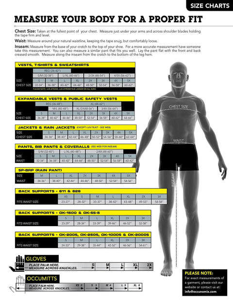 Size chart for Three Way Class 3 Reflective Bomber Jacket With Roll Away Hood Waterproof 100 Percent Polyester Oxford With Sealed Seams 2 Inch Silver Reflective Tape Zipper Closure Black With Yellow Accents X Large.