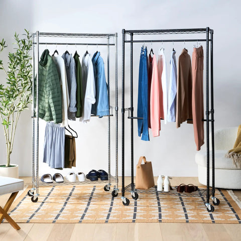 Heavy Duty Chrome Rolling Clothes Rack With Double Hanging Rods And Adjustable Swing Arms Super Roomy Closet Organizer showcasing clothes and shoes.