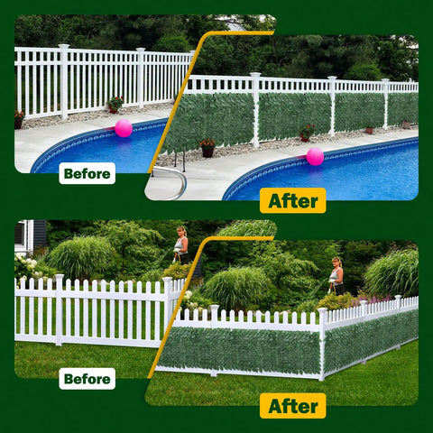 Comparison image showing pool and garden area before and after installing Dense Green Ivy Privacy Fence Screen 120x40 Inch with Realistic Faux Ivy Leaves.