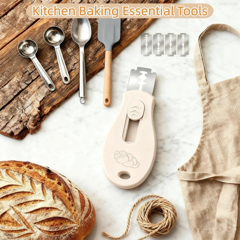 Beige Magnetic Bread Lame For Home Bakers And Dough Nerds With Dual Sided Locking Blade, includes five razor blades, on table.