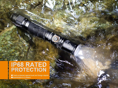 PD35 V2.0 Flashlight With Cree XP-L HI V3 LED Up To 1000 Lumens And 250 Meter Throw submerged in water showing IP68 protection