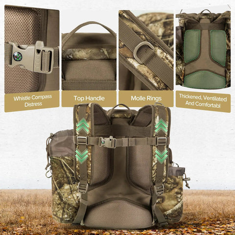 Rear view of Hunting Bucket Backpack With Built-In Cushioned Seat showcasing straps, handle, and camo pattern.