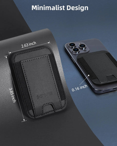 MagSafe Wallet For iPhone 17 Through 12 Series With 7 Card Slots RFID Blocking Vegan Leather Minimalist Slim Design 4200g Magnetic Hold Case Friendly 1 Slot Black shown with dimensions next to iPhone.