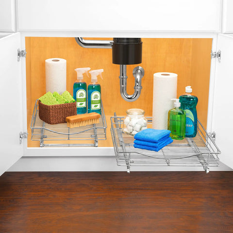 Knockout Kitchen Pull Out Cabinet Organizer With Heavy Duty Commercial Glide System that shows cleaning supplies under cabinet.