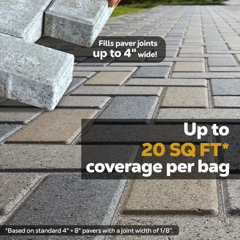 Titanium Gray Heavy Duty Polymeric Sand For Patio Paver Joints And Stone Gaps Featuring Ceramic Flex Technology Killer Stability No Sweat Setup 10 Pound Bag fills paver joints up to 4 inches wide