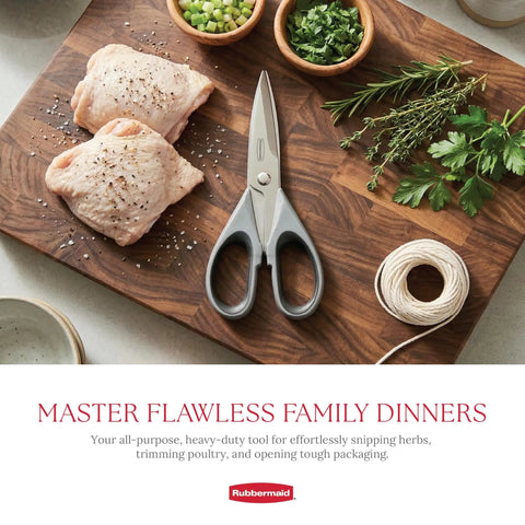 Heavy Duty Stainless Steel Kitchen Scissors With Comfy Non Slip Grip And Reliable Safety Sheath Rust Resistant Chef Shears on wooden cutting board with chicken and herbs.