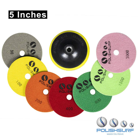 5 Inch Diamond Polishing Pads Wet Dry Set for Marble Quartz Granite Concrete, 8 Piece Kit With Grit Range 50 to 3000 displayed