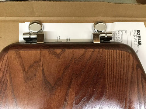 Solid Oak Elongated Toilet Seat with Cover and Polished Chrome Hinges for Vintage Bathrooms Classic Mahogany Finish top view with chrome fittings.