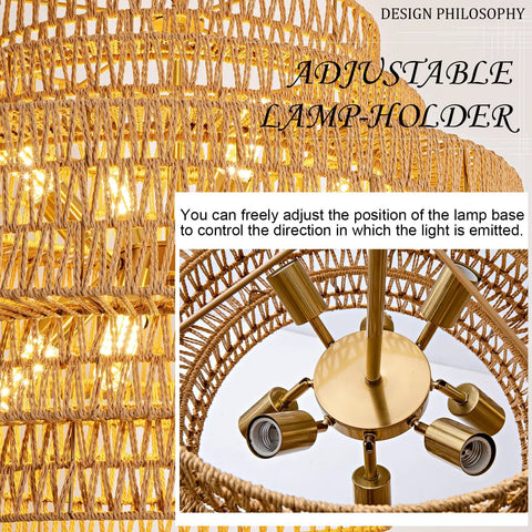 Epic Large Gold Boho Rattan Chandelier With 8 Lights showing adjustable lamp holder