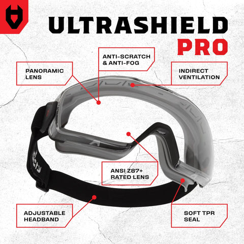 Adjustable Lightweight Full Face Shield For 6X3 OTG Vented Safety Goggles with ANSI Z87.1 certified view, anti-fog, and TPR seal.