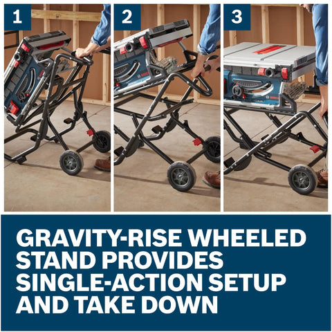 Heavy Duty 10 Inch Portable Jobsite Table Saw With Gravity Rise Wheeled Stand And 15 Amp Motor showcasing single-action setup steps.