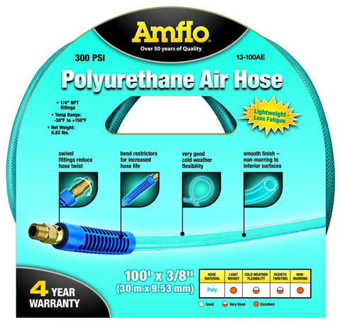 Packaging of Heavy Duty Three Eighths Inch By One Hundred Foot Blue Polyurethane Air Hose With Braided Nylon Reinforcement