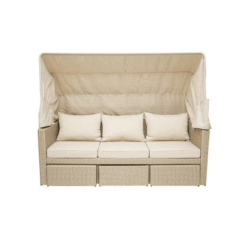 Top Shelf Wicker Patio Couch With Cabana Canopy And Ottoman Set Featuring Three Seat Bench Plus Coffee Table For Chill Backyard Hangouts With Zero Stress, beige three-seat bench with canopy.