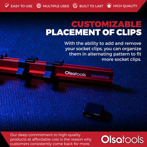 Close-up of customizable red Three Eighth Inch Drive Socket Organizer with heavy-duty rails and socket clips displayed.