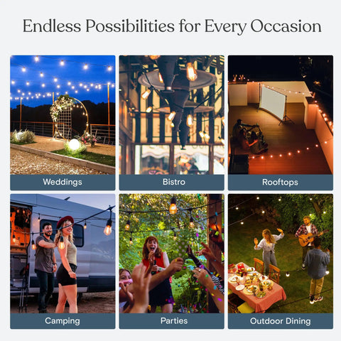 Collage of solar powered outdoor string lights in various settings: weddings, bistro, rooftops, camping, parties, outdoor dining.