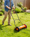 Compact 16 Inch Push Reel Lawn Mower With Five Blade Manual Reel Cutter Adjustable Cutting Height Walk Behind For Small Yards Orange Finish Scissor Like Clean Cut For Neat Lawn No Fuss on a small backyard lawn
