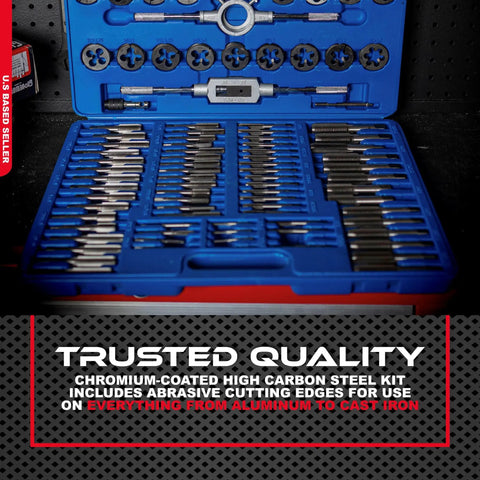 Beast 110 Piece Metric Tap And Die Set For Threading Bolts And Pipes with case displayed in blue holder, tools arranged neatly.