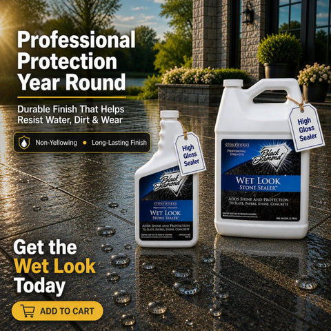 Two bottles of Wet Look Stone Sealer for Pavers and Surfaces displayed on a reflective patio near a garden and water feature.