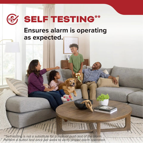 Family enjoying time together in a living room, showcasing Rock Solid Hardwired Smoke Detectors With AA Battery Backup And Interconnectable Wiring For Whole House Coverage Includes Bright LED Indicators And A Kickin Loud Alarm In A Four Pack Setup.