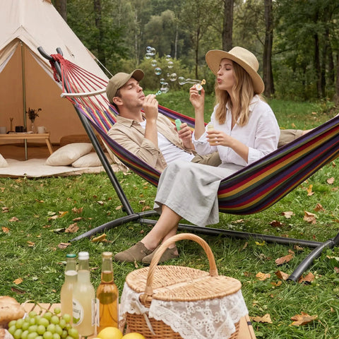 Double Hammock With Heavy Duty Steel Stand Portable Easy Assembly 600Lb Weight Capacity Adjustable Hooks Cotton Comfort