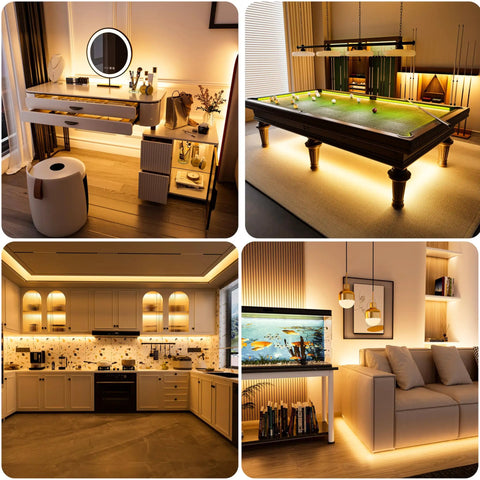 Scenes of rooms illuminated with COB LED Strip Light 12V 18ft 5.5m Ultra Bright Warm White 3000K 2772 LEDs for ambiance.