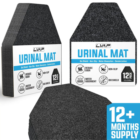 12 Pack Urinal Mats For Men Restrooms No Fuss Odor Control Ultra Absorbent Microfiber Mats displayed in packaging