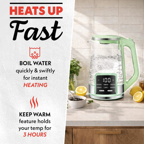 Electric Glass Kettle With 1.7L Capacity, Programmable Tea And Coffee Brewer, 6 Easy To Use Presets, Digital Touch Display 