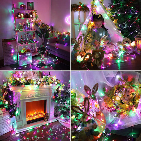 Pastel Easter String Lights 33ft With USB Powered 100 LED Indoor Fairy Lights Remote Control 8 Modes And Timer in cozy home settings