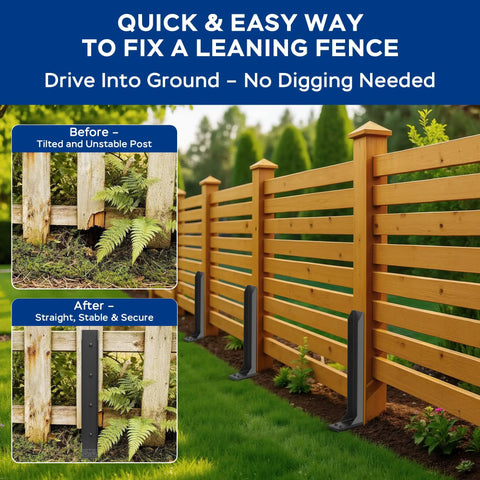 Fix Your Busted Fence Lines Fast With These Dang Solid Cold Rolled Steel Repair Stakes Heavy Duty Post Reinforcement Kit For Leaners And Weak Sections Black 6 Pack. Before and after images of fence repair.