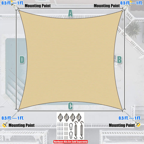 Top view of Beige 10 By 16 Foot Rectangle Shade Sail For Patio Garden And Backyard Blocks 95 Percent UV Rays Cools Space 10 To 15 Degrees Fahrenheit Heavy Duty 200GSM HDPE Breathable Outdoor Fabric Tear Resistant With Double Stitched Edges showing mounting points and hardware.