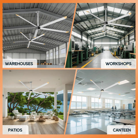Industrial 144 Inch Aluminum Ceiling Fan Equipped With An Ultra Quiet Dc Motor And Five Heavy Duty Blades Delivering Kickin Airflow For Warehouses And Spacious Rooms In Sleek Silver Gray Finish in various settings including warehouse, workshop, patio, and canteen.