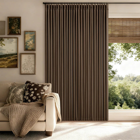 Pleated Linen Blackout Curtains 84 Inches Long 100 Percent Blackout For Bedroom And Living Room With Pinch Pleat Thermal Insulated Back Tab Ring Hooks Room Darkening Drapes In Light Brown With Liner installed in a living room