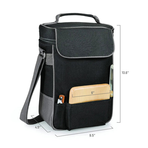 Ultimate Date Night Duo Grab And Go Wine Tote With Cheese Board Two Bottle Insulated Cooler Bag Set dimensions 9.5 x 4.5 x 13.6 inches in black.