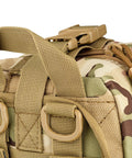 Close-up of Scherber Premium IFAK MOLLE medical pouch in camouflage with tan straps and D-rings