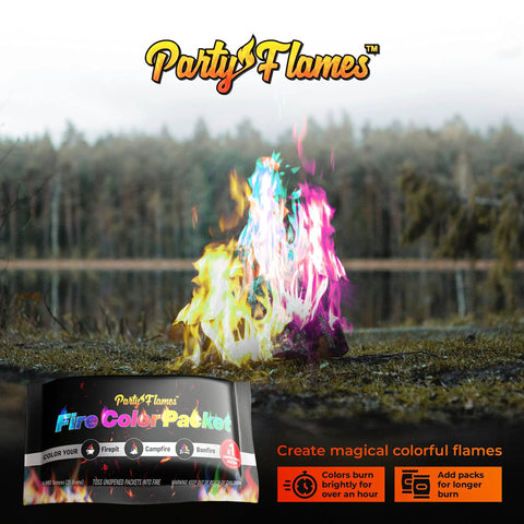 Color Changing Campfire Packets For Fire Pit 50 Pack Rainbow Flames For Outdoor Fireplaces And Bonfires Totally Lit Camping Essential For Kids And Adults Everyone Loves It, shown creating vibrant flames by a lake.