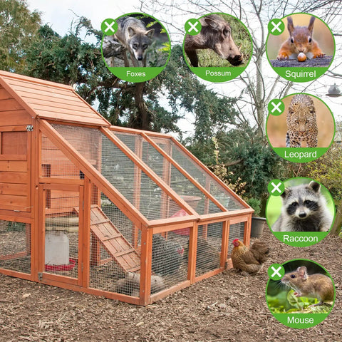 Wooden chicken coop with Heavy Duty 19 Gauge Hardware Cloth, 1/2 Inch Square Openings protecting against various animals like foxes and raccoons