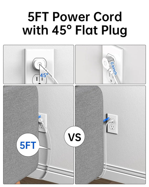 Heavy Duty 10in1 Usb Charging Station With PD 20W Fast Charging Built Damn Tough As A Solid Surge Protector With Six Usb Ports Four AC Outlets And Long Cord For Home Office Grind Zero Hassle Setup showing 5FT power cord with 45° flat plug in two setups.