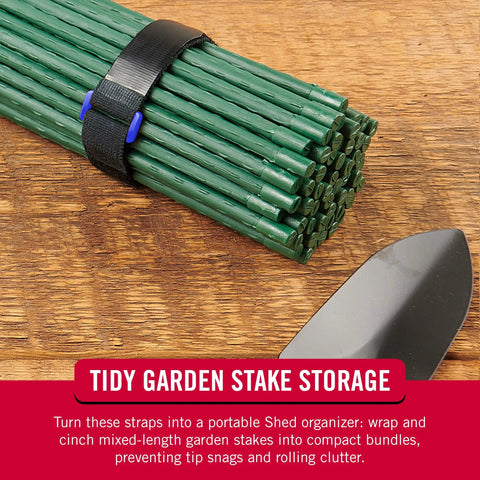 Elastic Cinch Straps With Buckle Grab N Go 15 Inch By 1 Inch Black 4 Pack fully wraps green garden stakes on wood