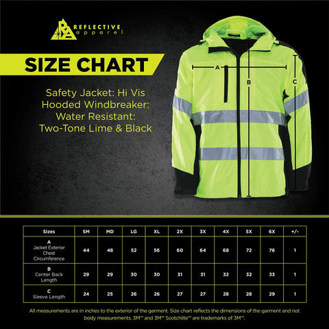 Hi Vis Hooded Windbreaker Safety Jacket With 2 Inch Reflective Tape ANSI Class 2 Compliant size chart, lime and black design.