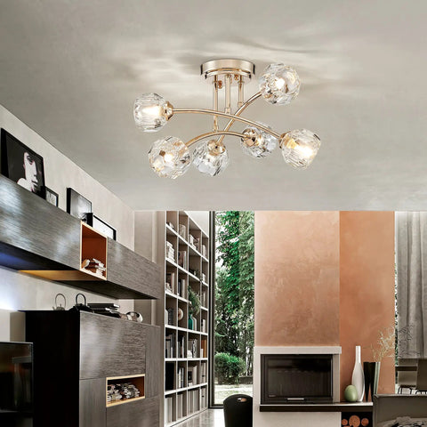 Spuntnik Crystal Ceiling Light Fixture With Six G9 Base Bulbs, Semi Flush Mount in modern living room