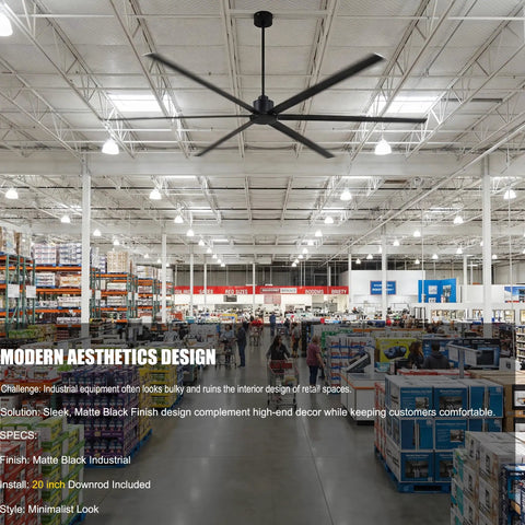 Straight Up 144 Inch HVLS Industrial Ceiling Fan Built Tough With 130W DC Motor Six Reversible Aluminum Blades Plus Smart Remote Control For Workshops Barns Warehouses And Big Commercial Spaces in matte black, suspended in a warehouse.