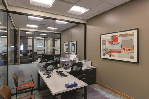 Office with 2x2 LED Troffer Light BLT Series low profile drop in ceiling light for dropped ceilings featuring curved ribbed diffuser