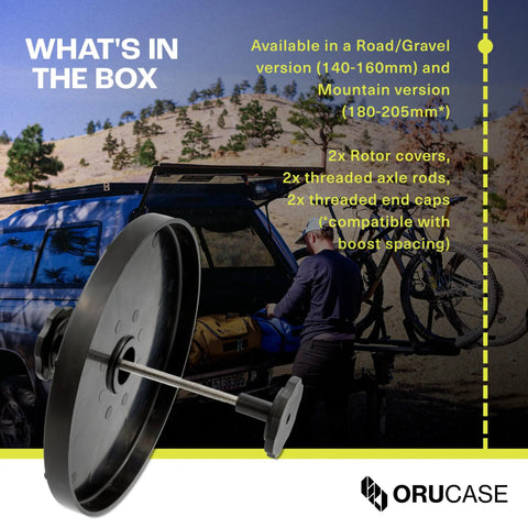 Travel Rotor Guard For Mountain Bikes Disc Rotor Protector with 2 covers and axle rods near vehicle and bike.