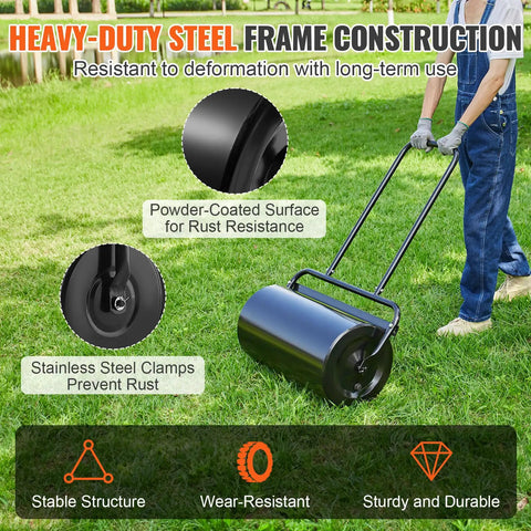 Person using Large Capacity Lawn Roller 13 Gallon Heavy Duty Steel Sand Or Water Filled with ergonomic U-shaped handle in garden.