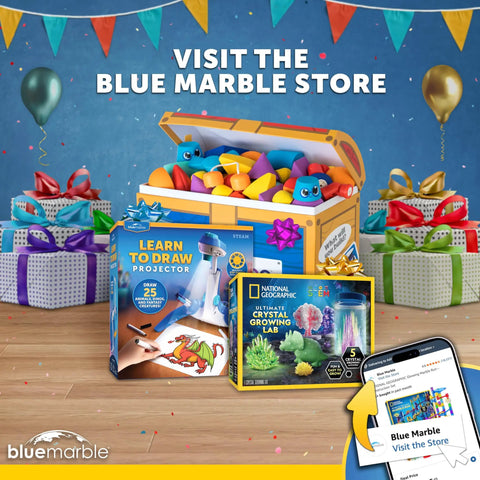 Decorative gift display with STEM kits, Learn To Draw Projector, and Ultimate Crystal Growing Lab at Blue Marble Store